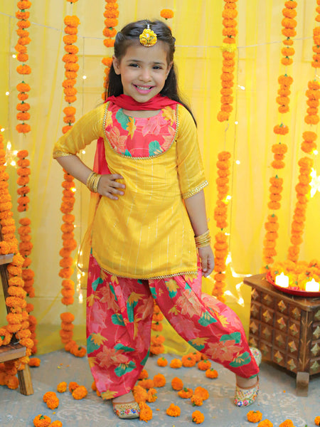 NOZ2TOZ Kids Girls Ethic Traditional Indian Festive Chanderi Kurta with Printed Salwar and Dupatta - Yellow - Distacart