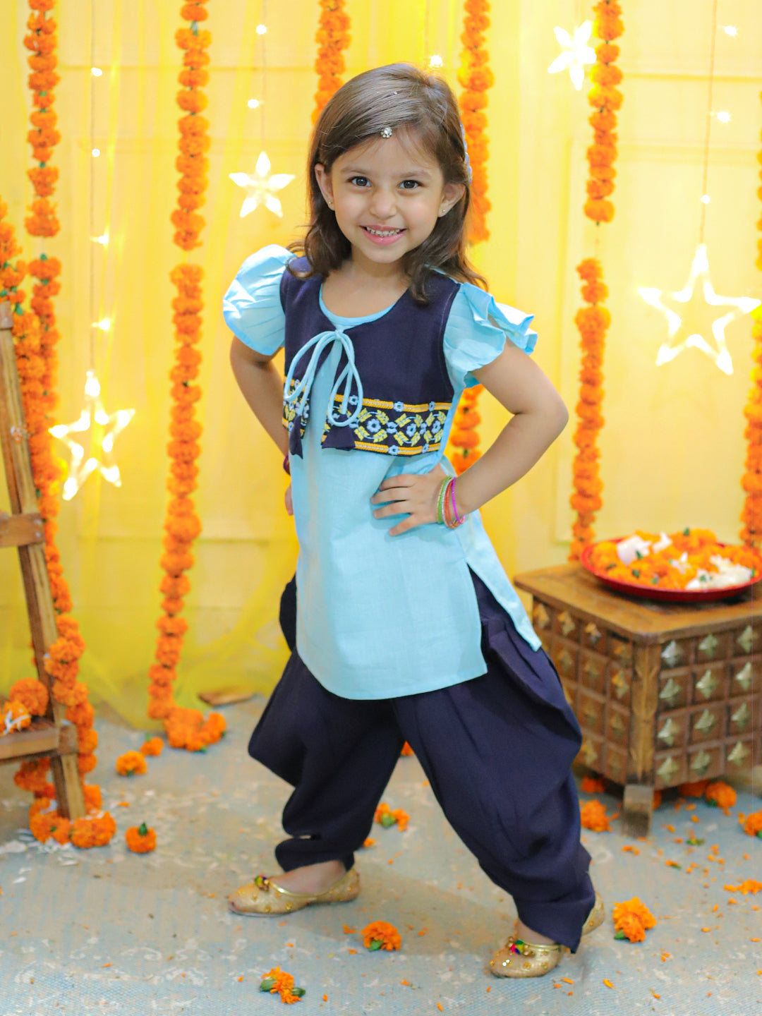 NOZ2TOZ Kids Embroidered Jacket With Cotton Kurti Dhoti for Girls - Blue - Distacart