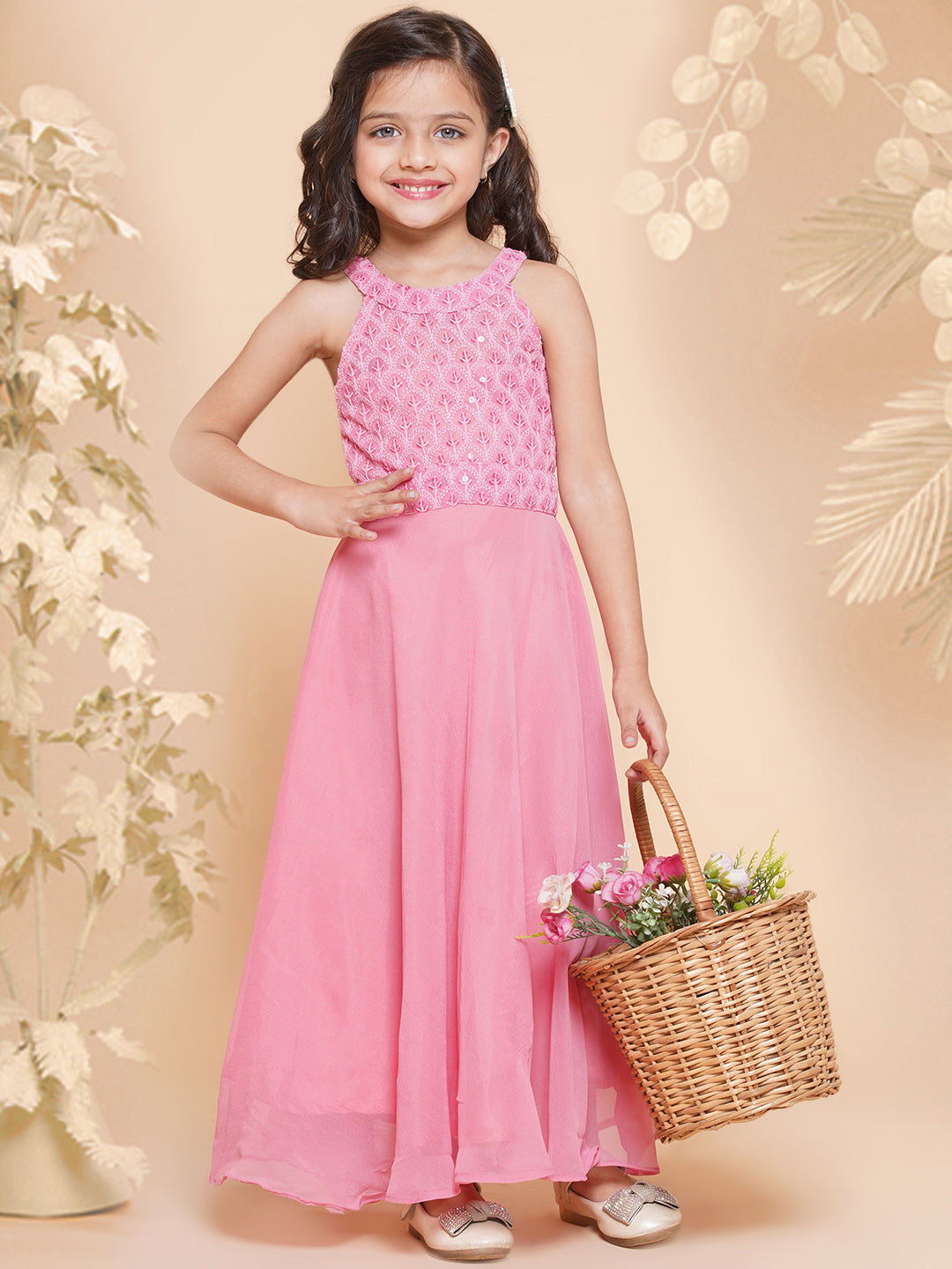 Girls Pink Embroidered Sequence Yoke Fit & Flared Maxi Dress. for Kids - Bhama - Distacart