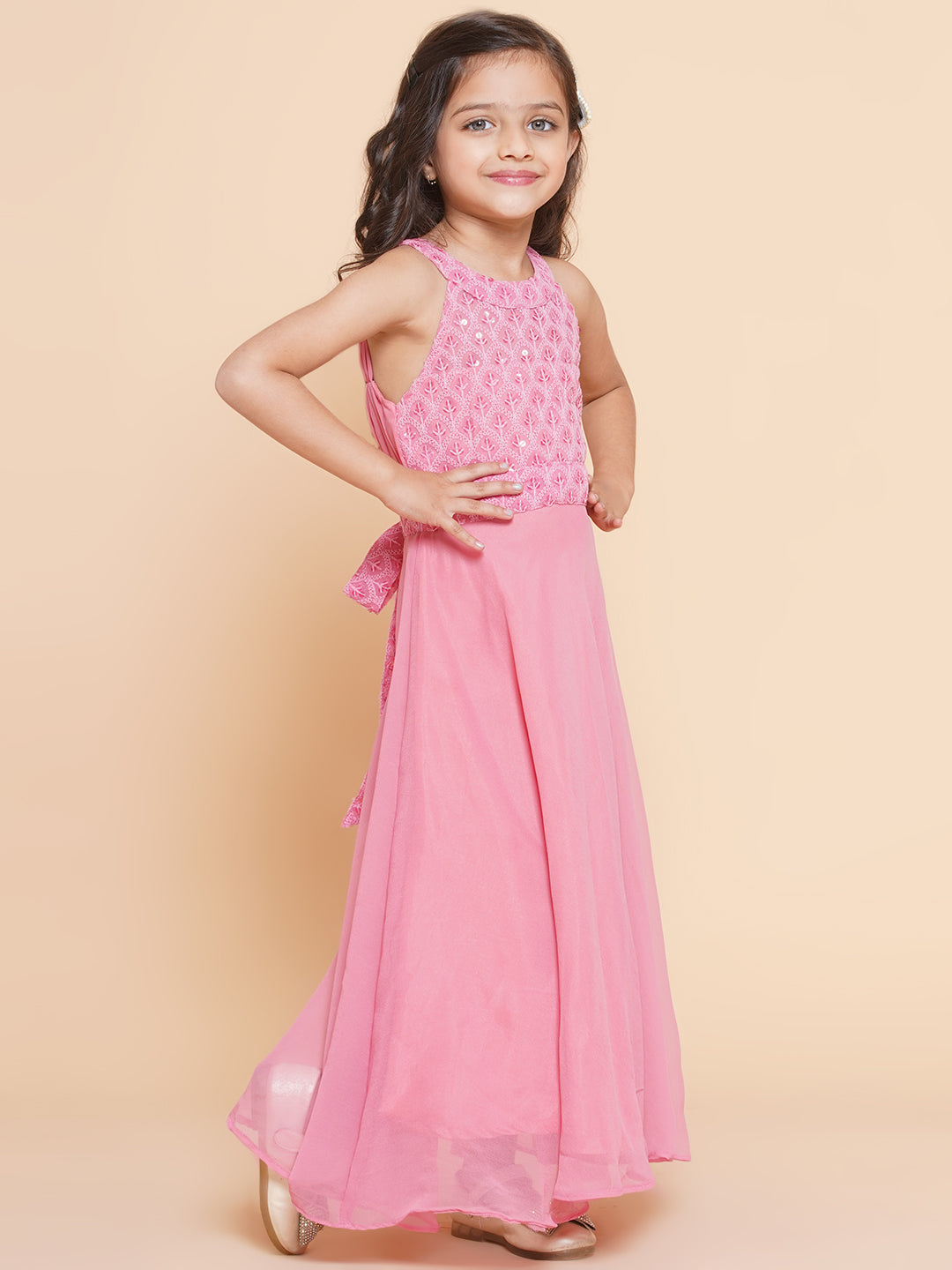 Girls Pink Embroidered Sequence Yoke Fit & Flared Maxi Dress. for Kids - Bhama - Distacart