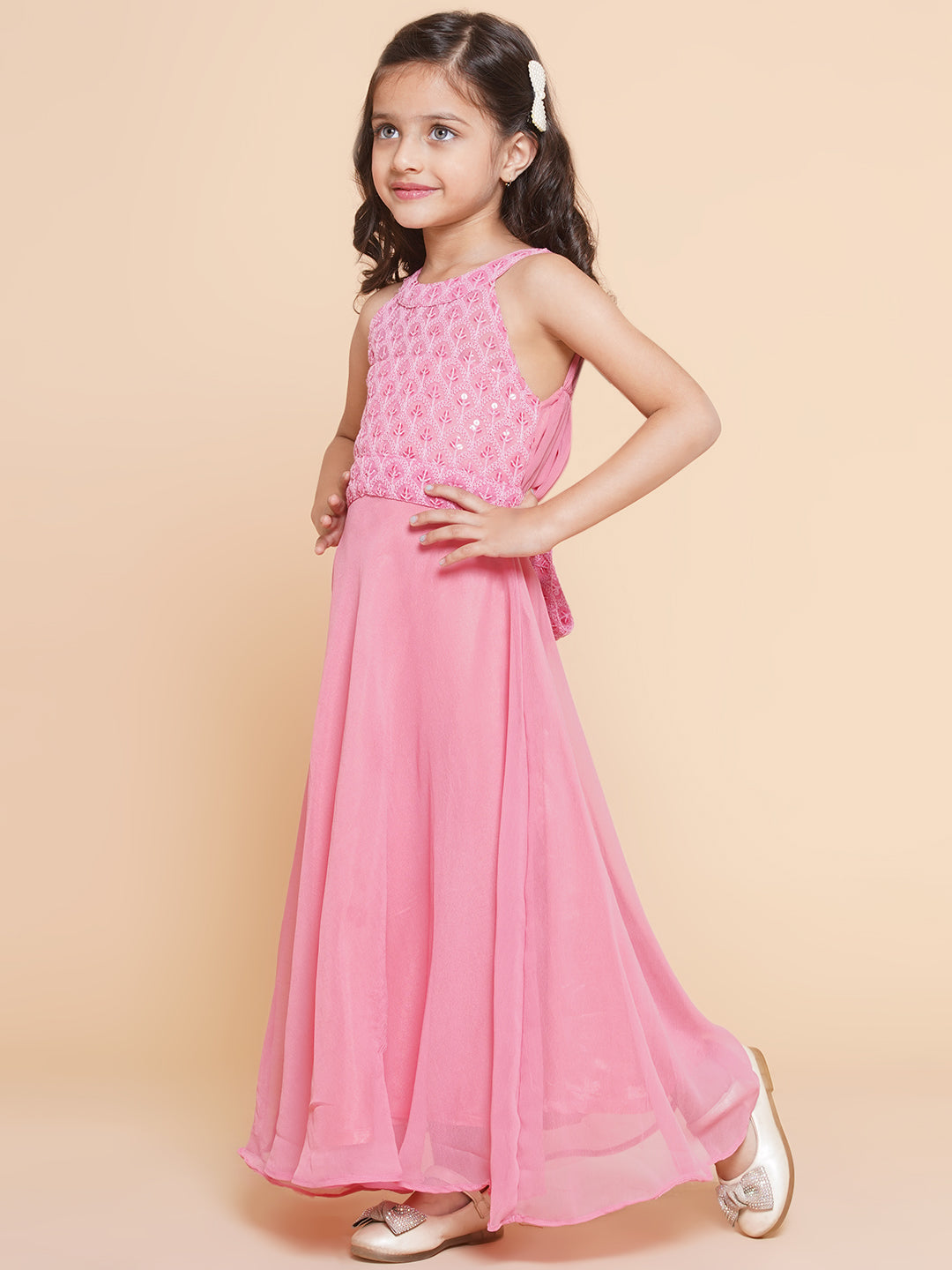 Girls Pink Embroidered Sequence Yoke Fit & Flared Maxi Dress. for Kids - Bhama - Distacart