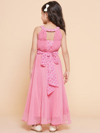 Thumbnail for Girls Pink Embroidered Sequence Yoke Fit & Flared Maxi Dress. for Kids - Bhama - Distacart