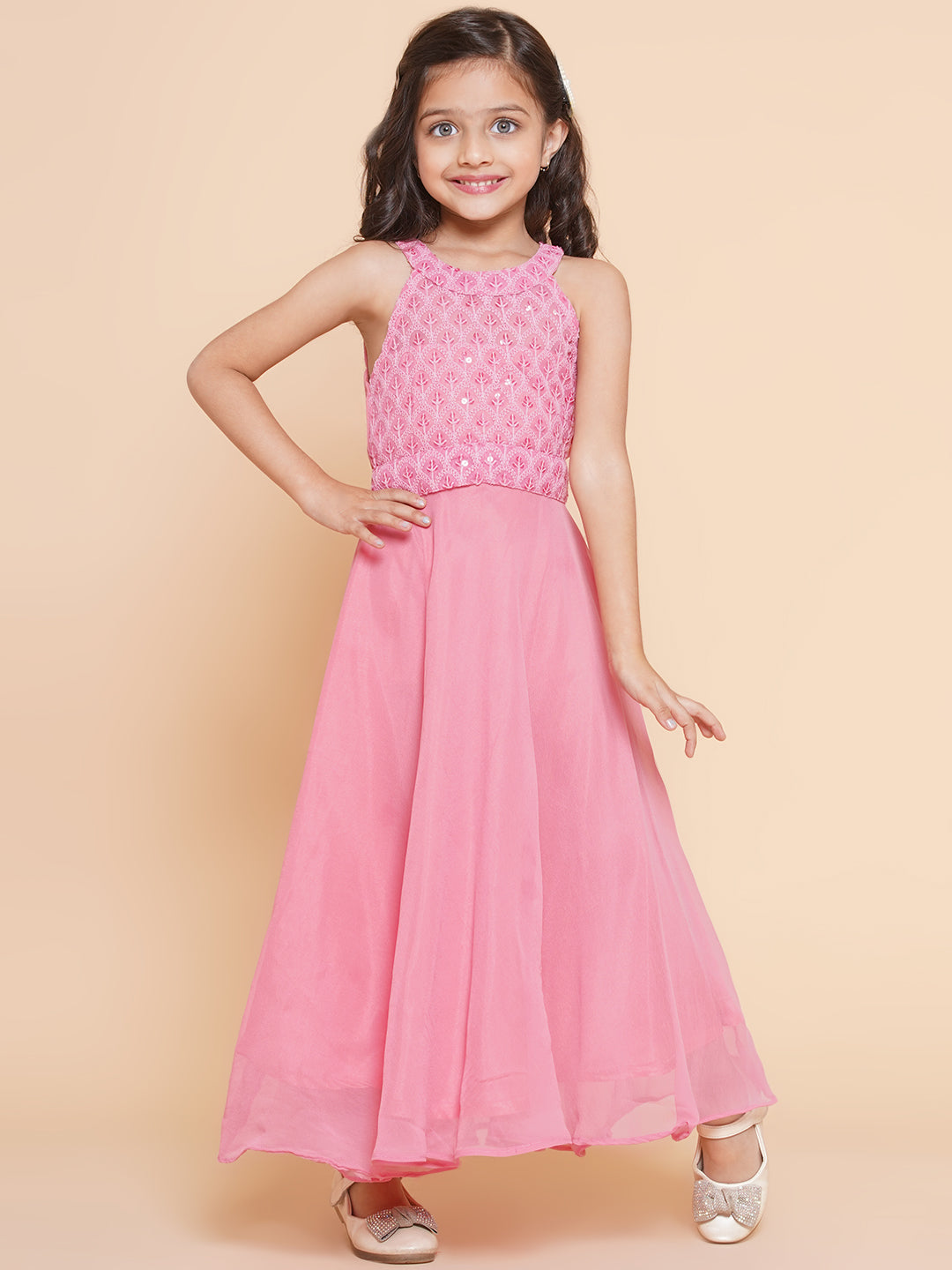 Girls Pink Embroidered Sequence Yoke Fit & Flared Maxi Dress. for Kids - Bhama - Distacart