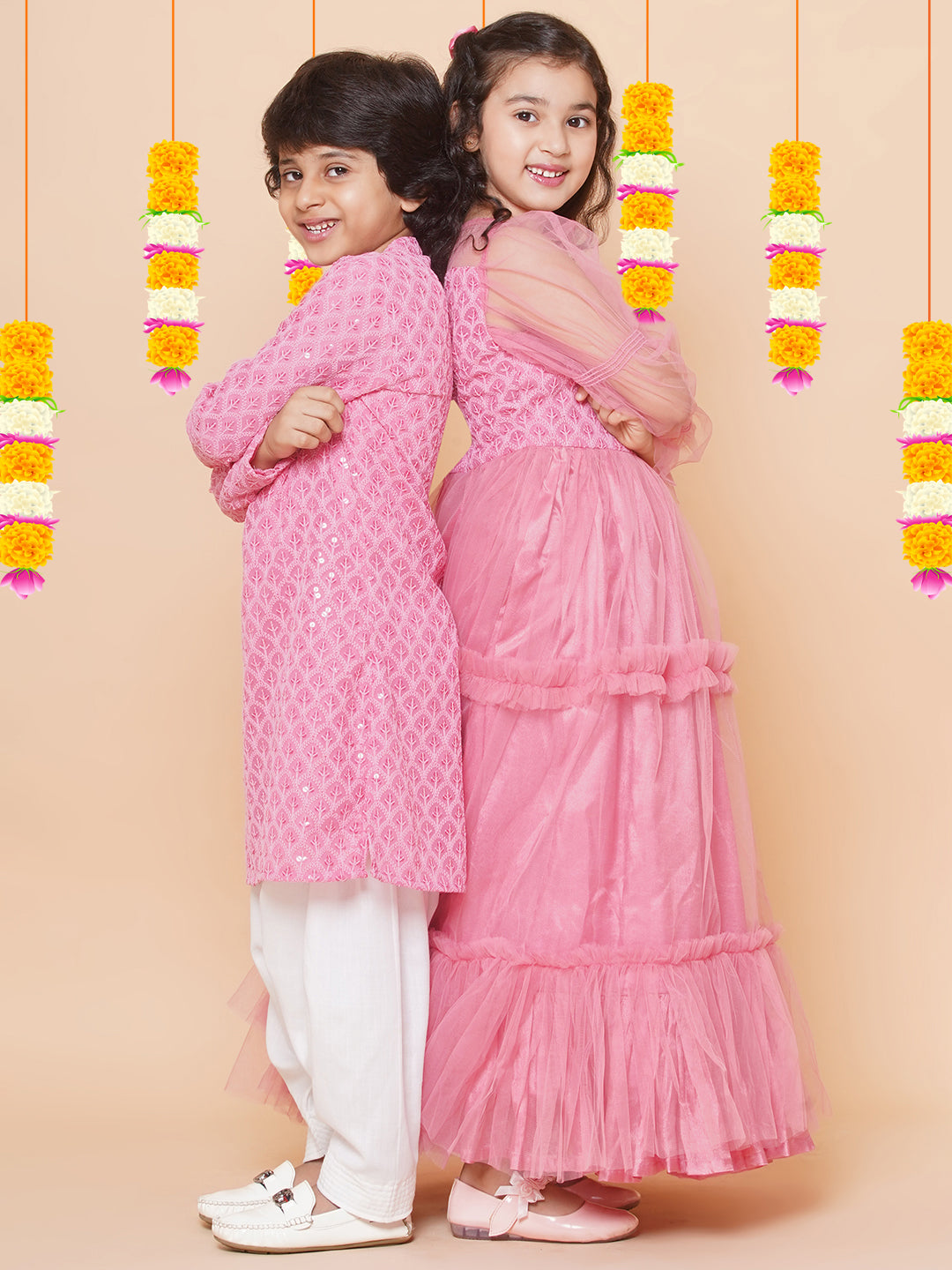 Girls Pink Embroidered Net Fit & Flared Gown Dress for Kids - Bhama - Distacart