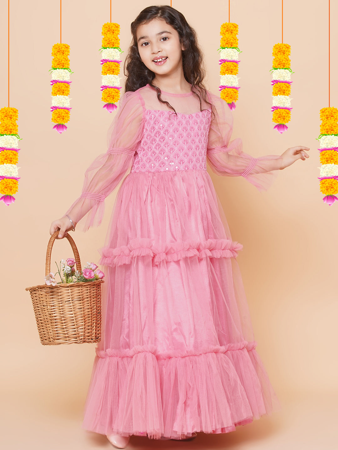 Girls Pink Embroidered Net Fit & Flared Gown Dress for Kids - Bhama - Distacart