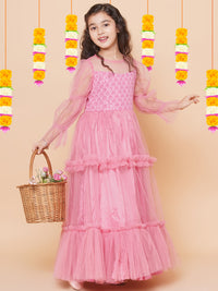 Thumbnail for Girls Pink Embroidered Net Fit & Flared Gown Dress for Kids - Bhama - Distacart