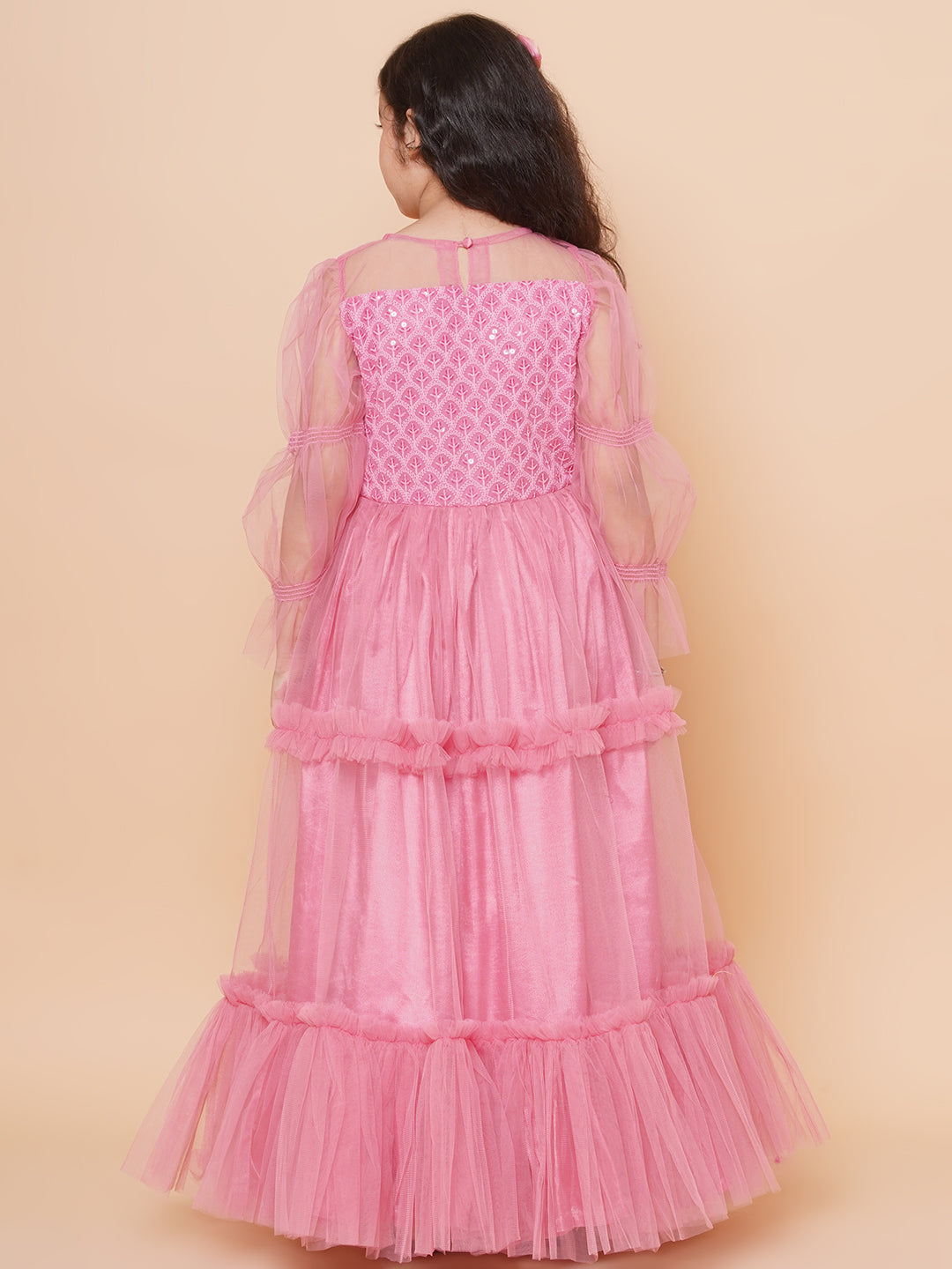 Girls Pink Embroidered Net Fit & Flared Gown Dress for Kids - Bhama - Distacart