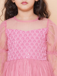 Thumbnail for Girls Pink Embroidered Net Fit & Flared Gown Dress for Kids - Bhama - Distacart