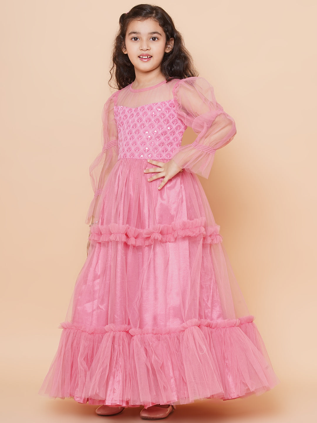 Buy Girls Pink Embroidered Net Fit & Flared Gown Dress for Kids - Bhama ...