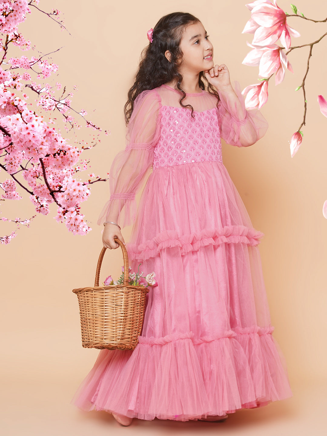 Girls Pink Embroidered Net Fit & Flared Gown Dress for Kids - Bhama - Distacart