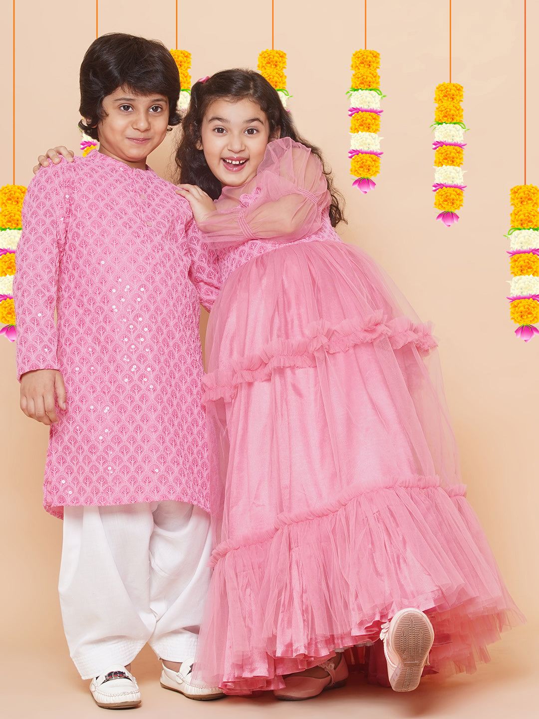 Girls Pink Embroidered Net Fit & Flared Gown Dress for Kids - Bhama - Distacart