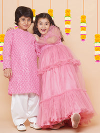 Thumbnail for Girls Pink Embroidered Net Fit & Flared Gown Dress for Kids - Bhama - Distacart