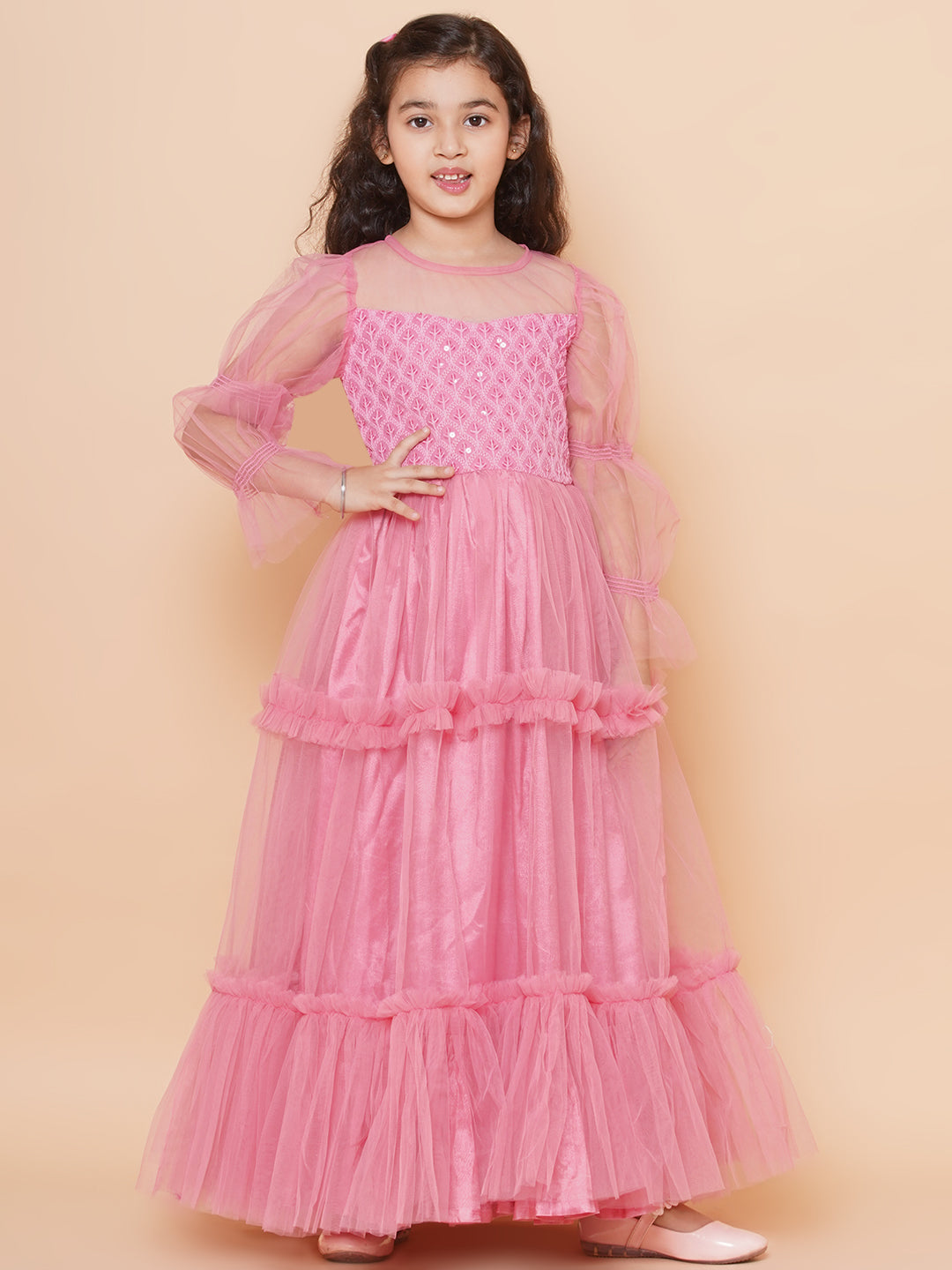 Girls Pink Embroidered Net Fit & Flared Gown Dress for Kids - Bhama - Distacart