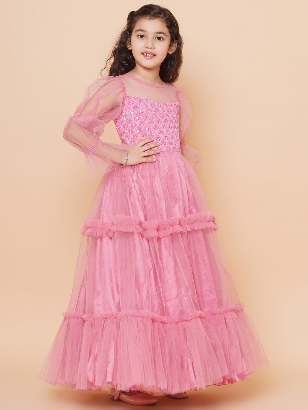 Girls Pink Embroidered Net Fit & Flared Gown Dress for Kids - Bhama - Distacart