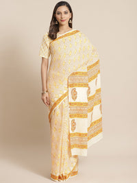 Thumbnail for NOZ2TOZ Women White and Orange burfi Ethnic print Saree with atteched blouse piece - Distacart