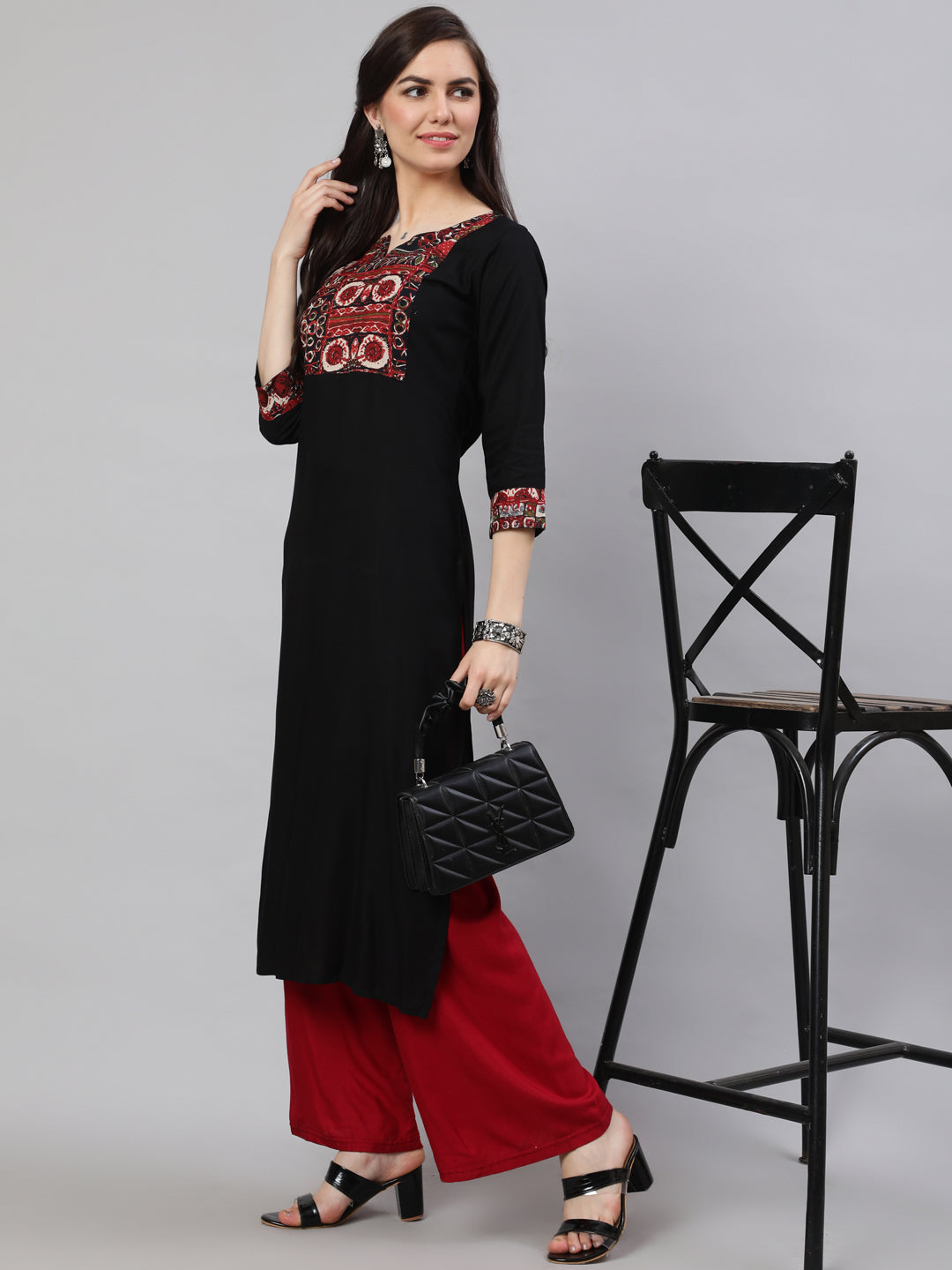 NOZ2TOZ Women Black Printed Yoke Straight Kurta With Three Qurter Sleeves - Distacart