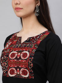 Thumbnail for NOZ2TOZ Women Black Printed Yoke Straight Kurta With Three Qurter Sleeves - Distacart