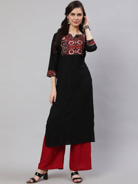 Thumbnail for NOZ2TOZ Women Black Printed Yoke Straight Kurta With Three Qurter Sleeves - Distacart