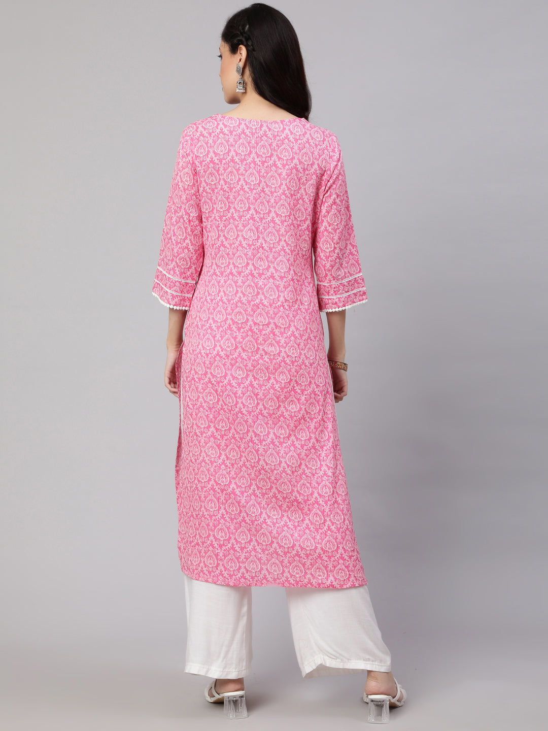 NOZ2TOZ Women Pink Printed Straight Kurta With Three Quarter Sleeves - Distacart