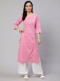 Thumbnail for NOZ2TOZ Women Pink Printed Straight Kurta With Three Quarter Sleeves - Distacart