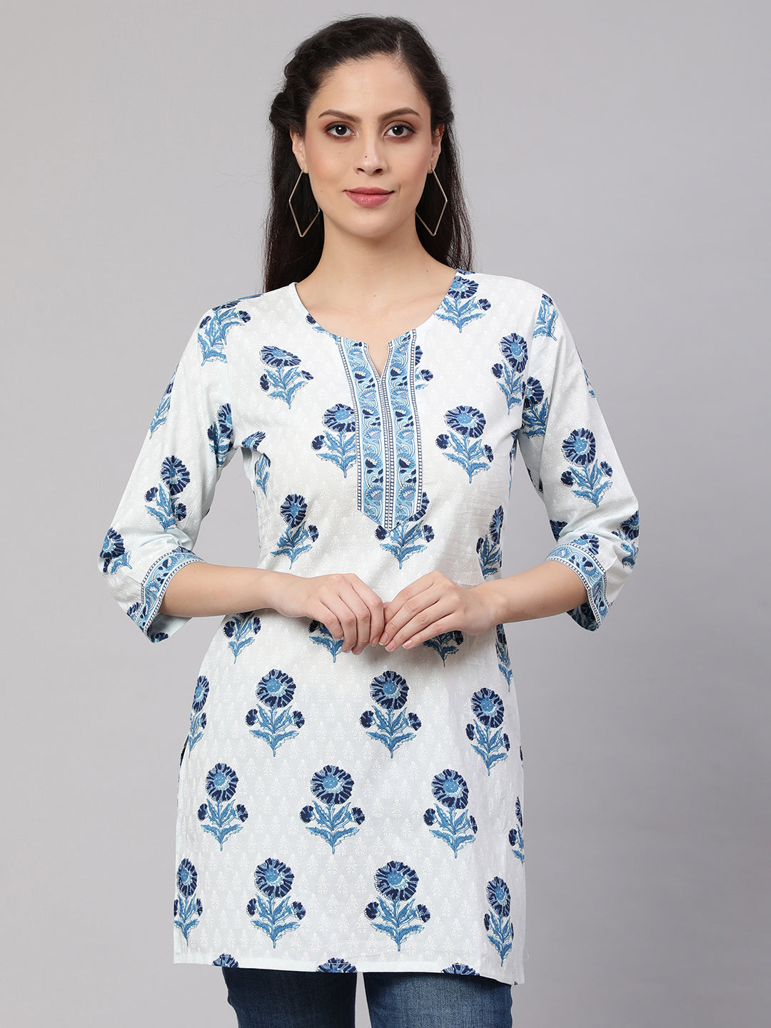 NOZ2TOZ Women Off White Printed Straight Tunic With Three Quarter Sleeves - Distacart