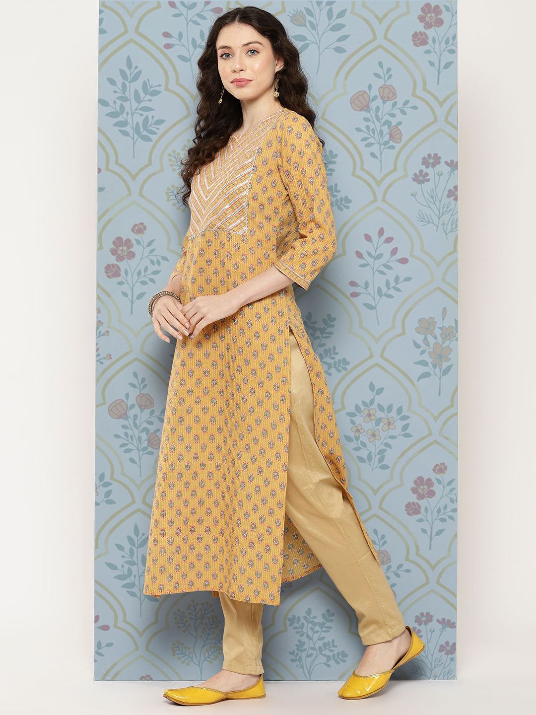 NOZ2TOZ Women Mustard Straight Kurta With Three Quarter Sleeves - Distacart