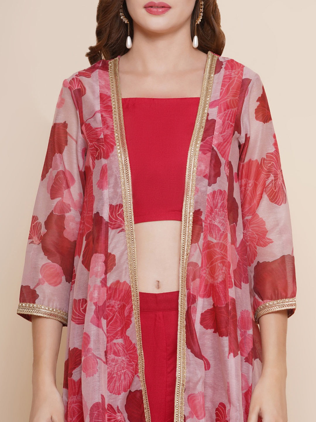 Women's Red Floral printed Jacket, camisole with Palazzos - Bhama - Distacart