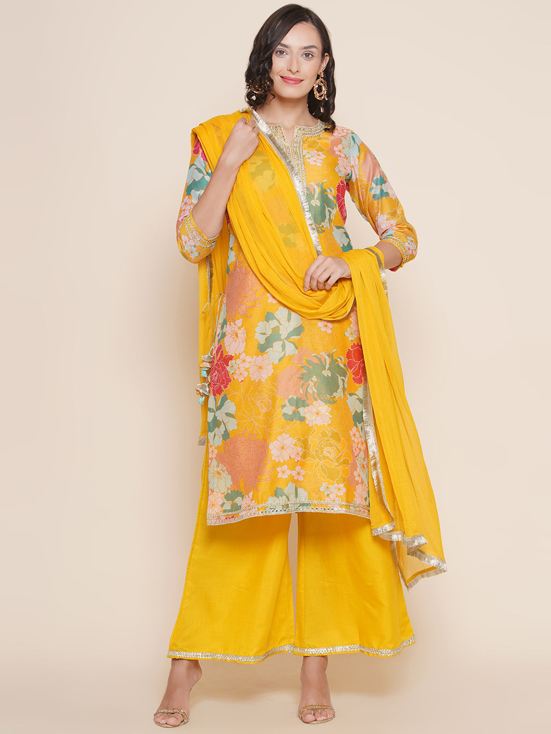 Women's Yellow Floral Print Straight Kurta With Yellow Solid Palazzos & Dupatta - Bhama - Distacart