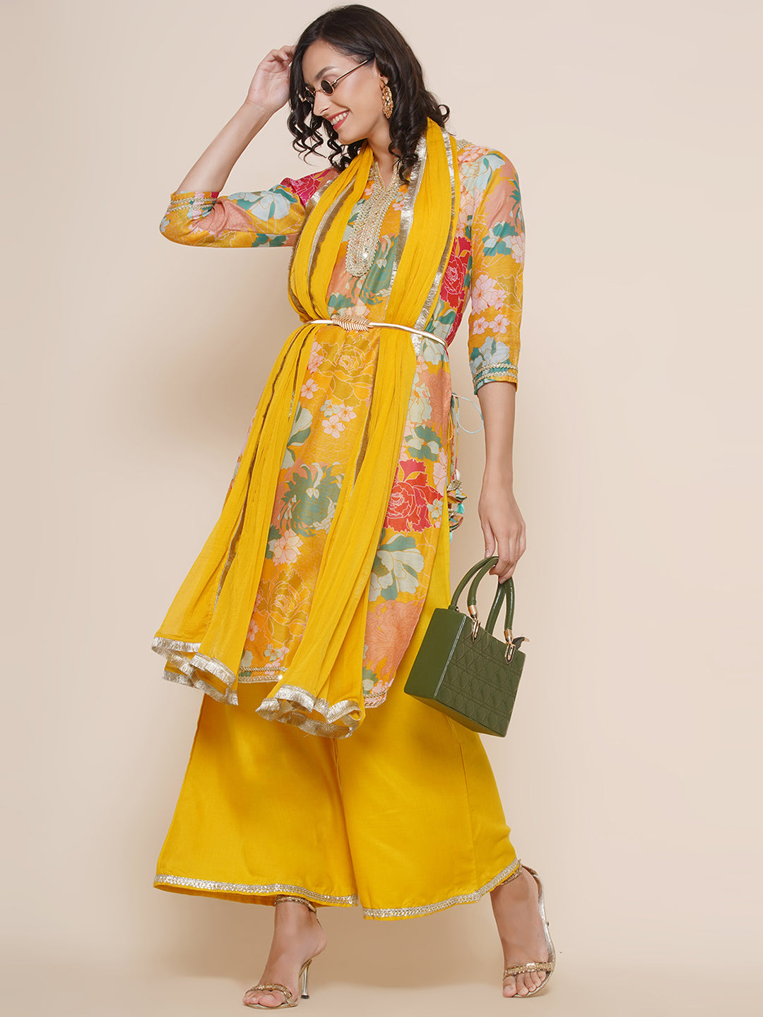 Women's Yellow Floral Print Straight Kurta With Yellow Solid Palazzos & Dupatta - Bhama - Distacart