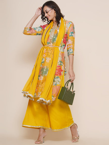 Women's Yellow Floral Print Straight Kurta With Yellow Solid Palazzos & Dupatta - Bhama - Distacart