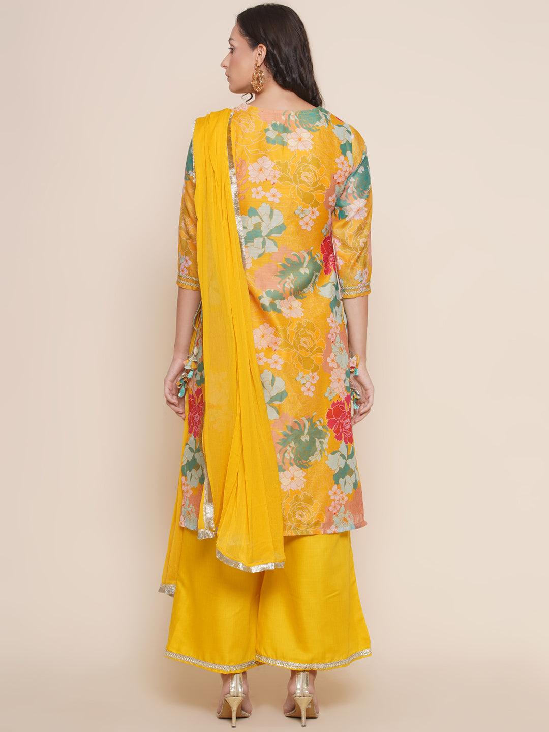 Women's Yellow Floral Print Straight Kurta With Yellow Solid Palazzos & Dupatta - Bhama - Distacart