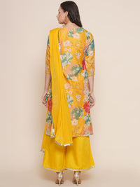 Thumbnail for Women's Yellow Floral Print Straight Kurta With Yellow Solid Palazzos & Dupatta - Bhama - Distacart