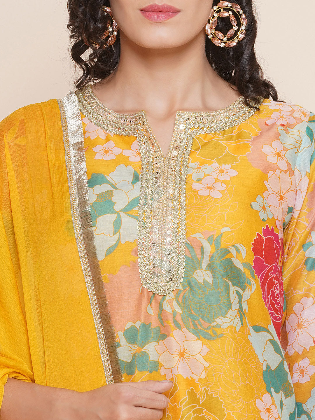 Women's Yellow Floral Print Straight Kurta With Yellow Solid Palazzos & Dupatta - Bhama - Distacart