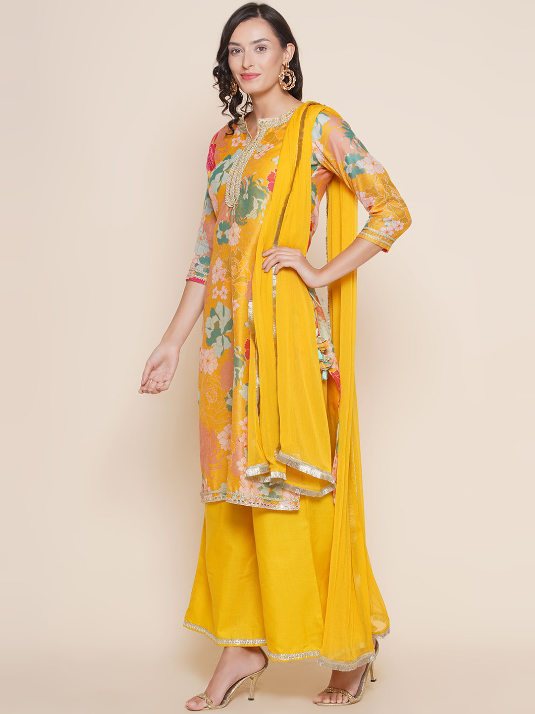 Women's Yellow Floral Print Straight Kurta With Yellow Solid Palazzos & Dupatta - Bhama - Distacart