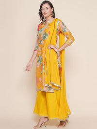 Thumbnail for Women's Yellow Floral Print Straight Kurta With Yellow Solid Palazzos & Dupatta - Bhama - Distacart