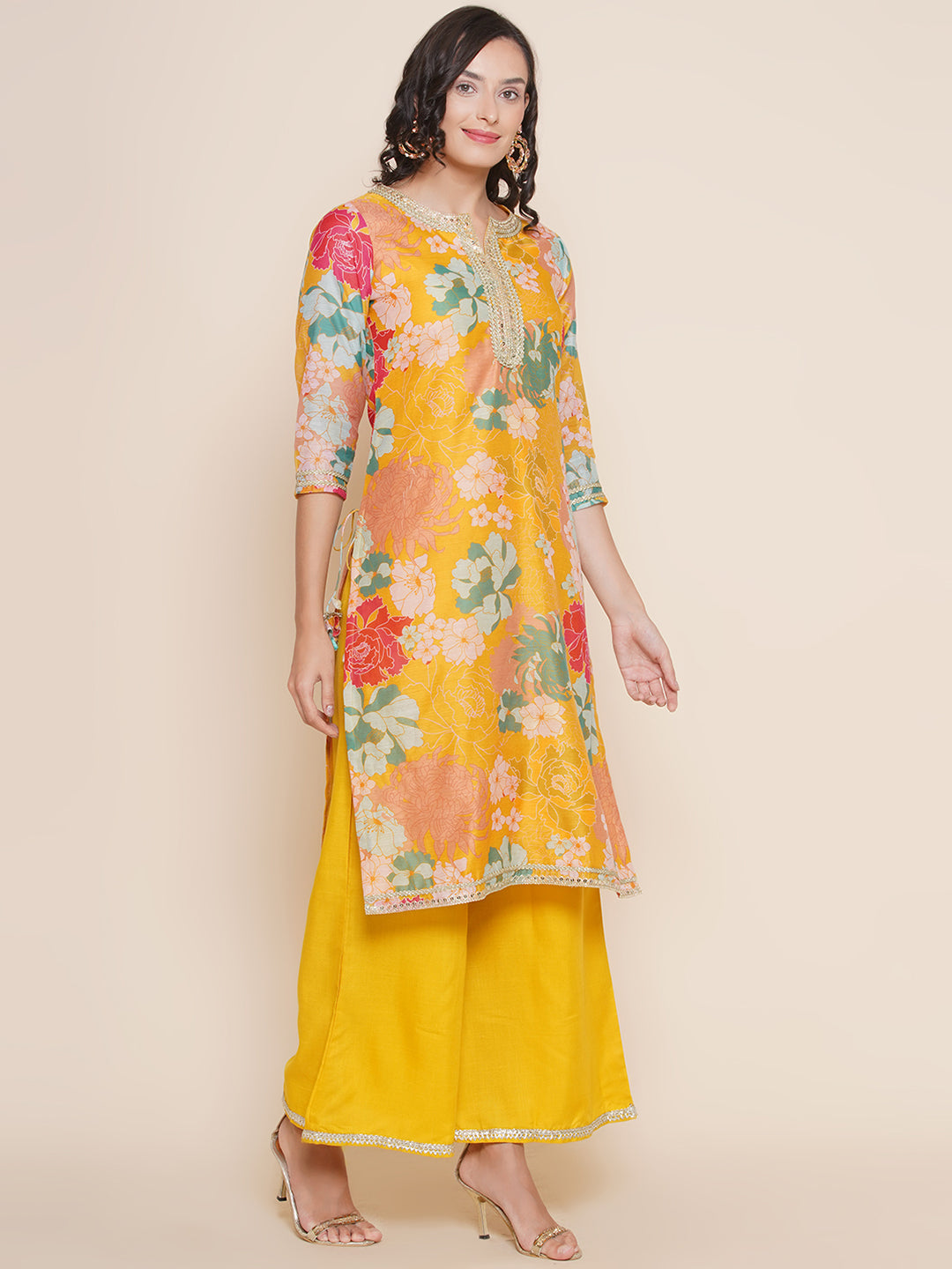 Women's Yellow Floral Print Straight Kurta With Yellow Solid Palazzos & Dupatta - Bhama - Distacart