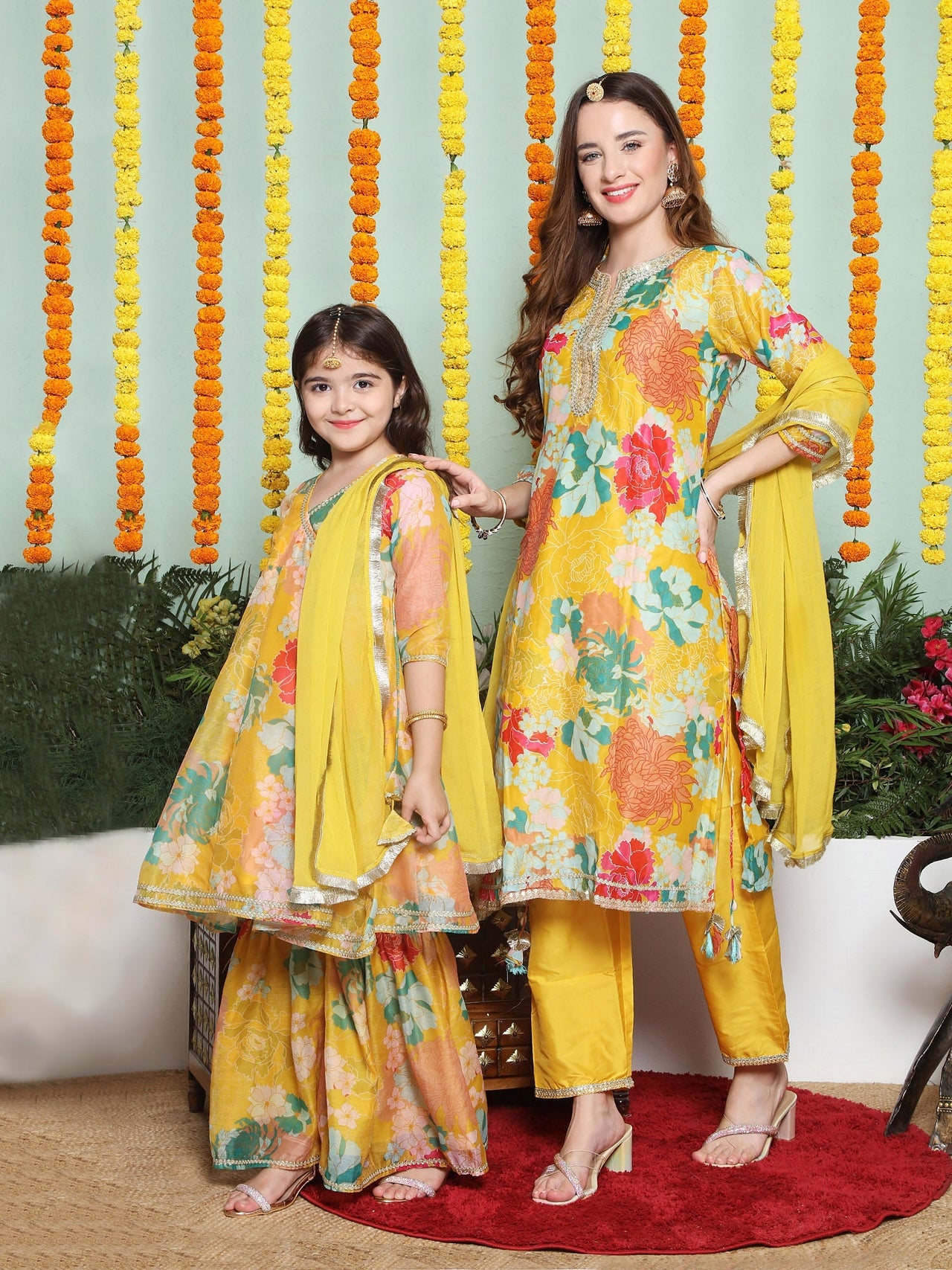 Yellow Multi Printed A- LINE Kurta Set For Women & Angrakha Anarkali Kurta Set For Girl - Bhama - Distacart