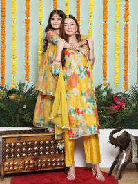 Thumbnail for Yellow Multi Printed A- LINE Kurta Set For Women & Angrakha Anarkali Kurta Set For Girl - Bhama - Distacart