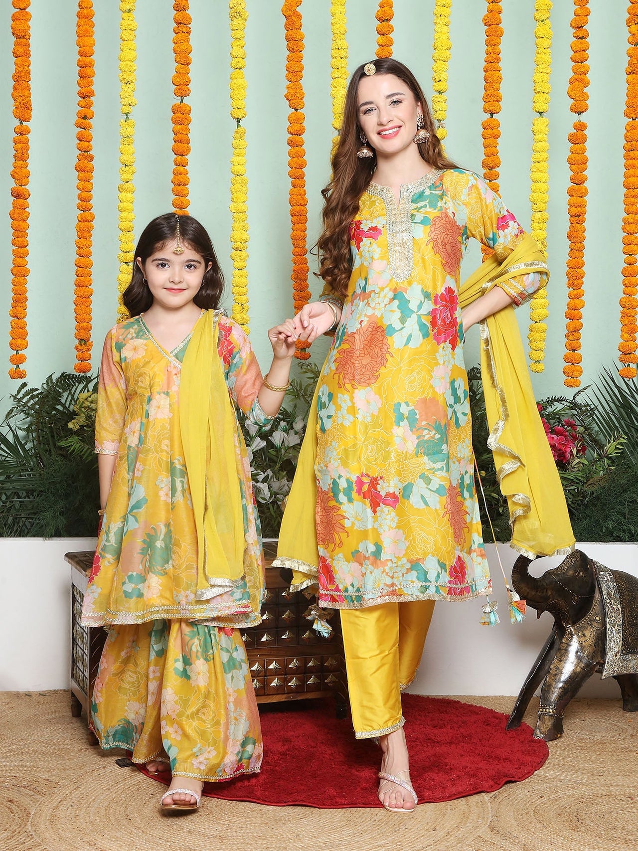 Yellow Multi Printed A- LINE Kurta Set For Women & Angrakha Anarkali Kurta Set For Girl - Bhama - Distacart