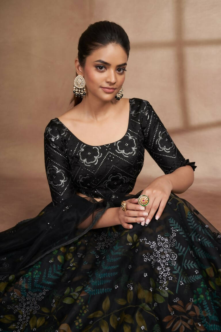 Aastha Fashion Women's Black Organza with Net Digital Printed & Sequins Embroidery Wedding Lehenga Choli - Distacart