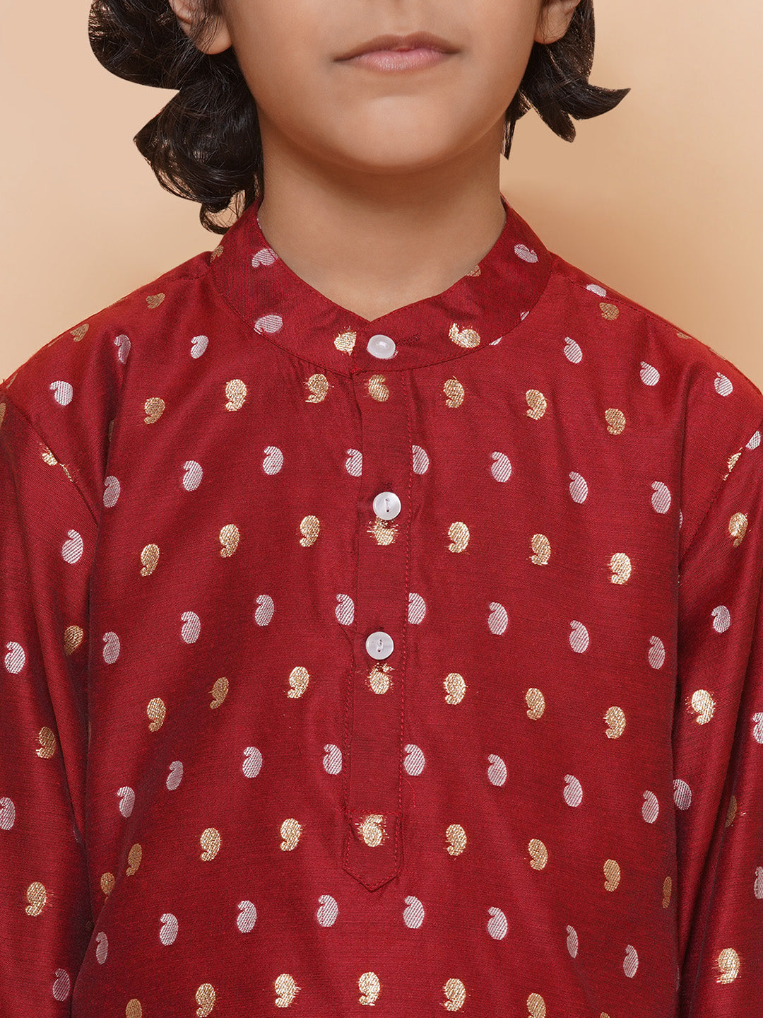 Boys Maroon Self Design Booti Kurta with Pyjamas for Kids - Bhama - Distacart