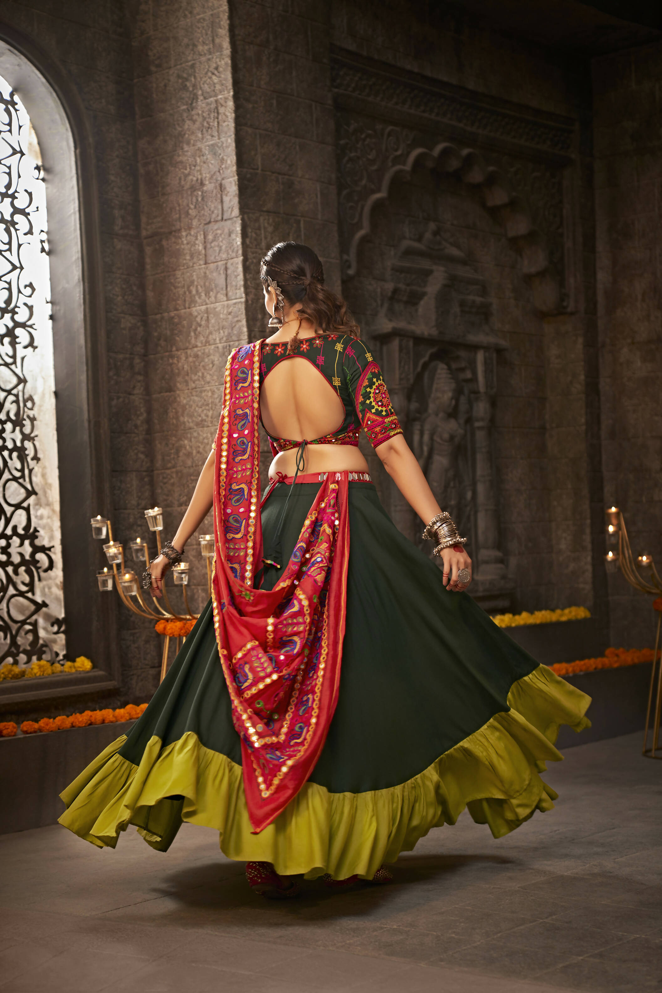 Buy Traditional Navratri Lehenga | Green Embroidered Navratri Traditional  Dress In Rayon