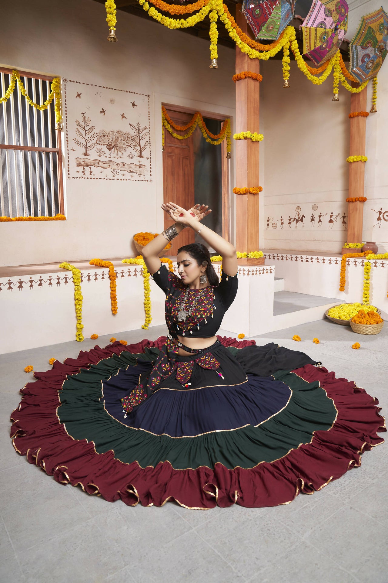Multi Color Viscose Rayon Thread Embroidery with mirror work Navratri Lehenga Choli with Dupatta - Raas - Distacart