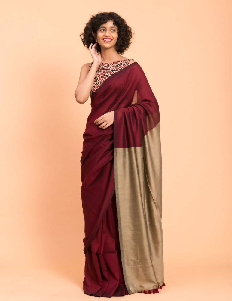 Buy Exotic Maroon Silk Blend Partywear Saree Online -Inddus.com.