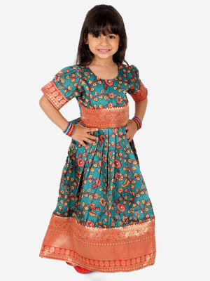 Online Kids Pattu Pavadai, Kalamkari Skirt and Magenta Top