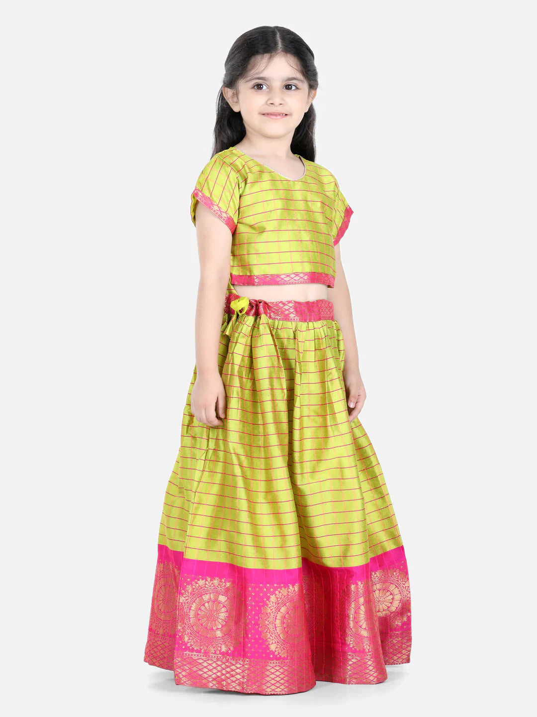 White Button Green Yellow Art Silk Jecquard South Indian Style Pavdai Pattu Lehenga  choli For kids - White Button - 3754573