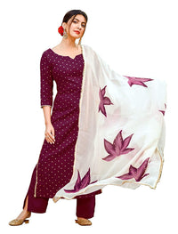 Thumbnail for Malishka Women's Wine Cotton Printed Kurta Palazzo Set With Dupatta - Wine - Distacart