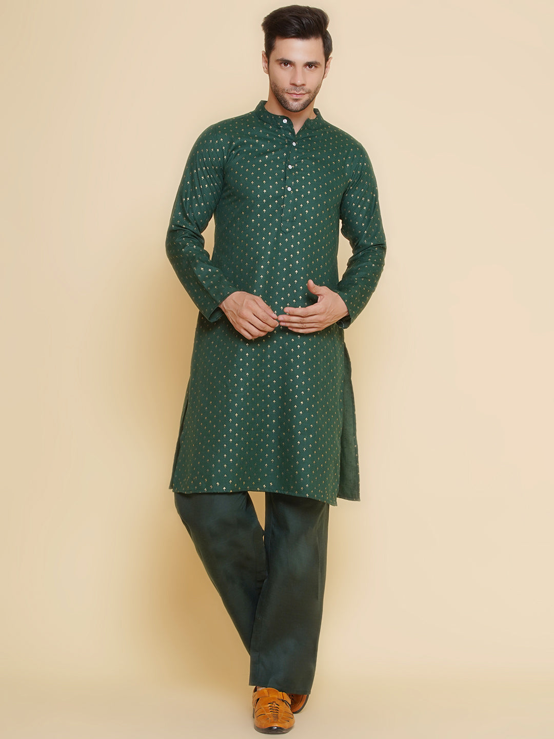 Men Green ethnic motifs Foil Printed Festive Kurta Pyjamas - Bhama - Distacart