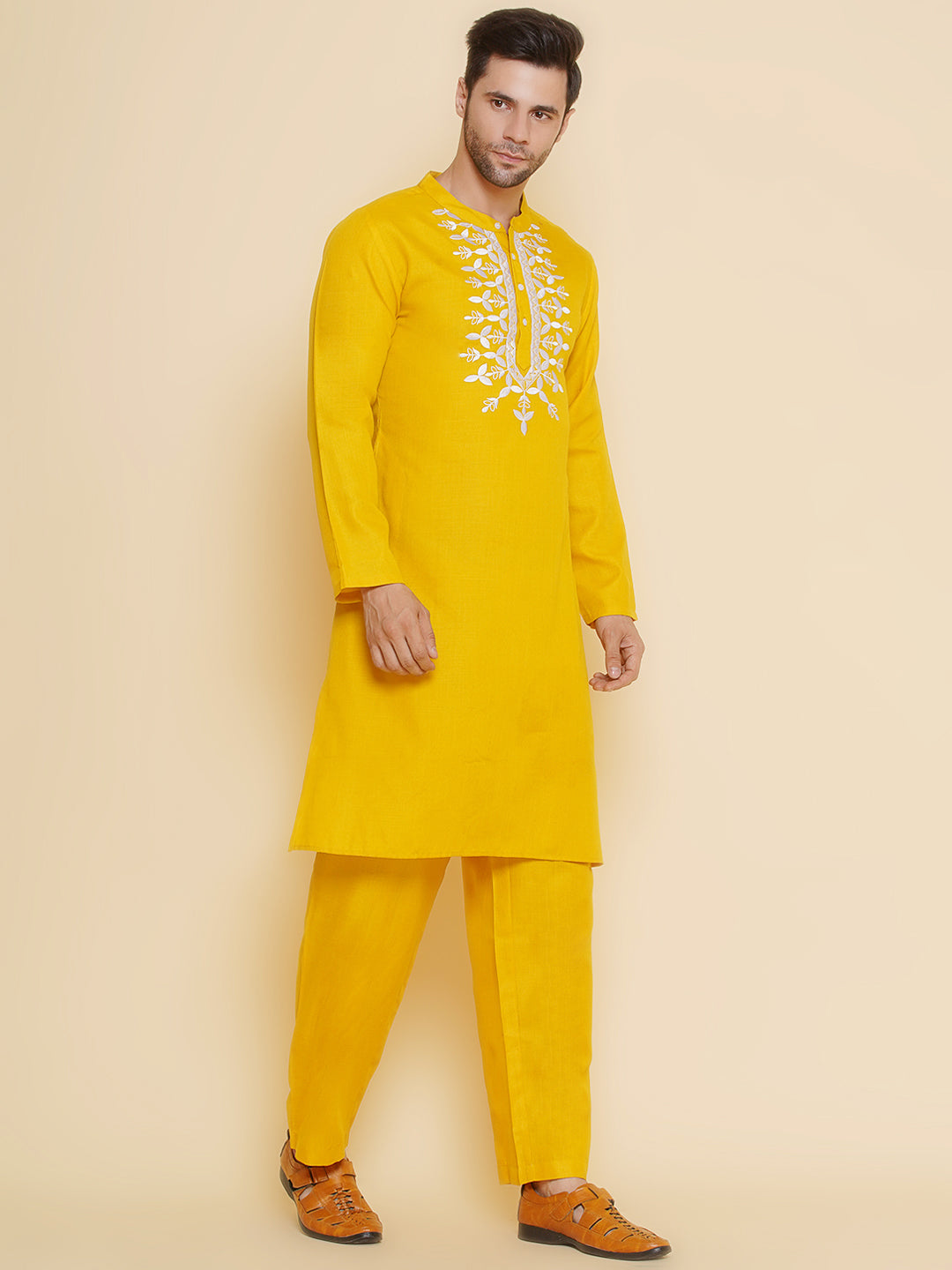 Men Yellow Embroidered ethnic motifs Festive Kurta Pyjamas - Bhama - Distacart