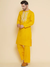 Thumbnail for Men Yellow Embroidered ethnic motifs Festive Kurta Pyjamas - Bhama - Distacart